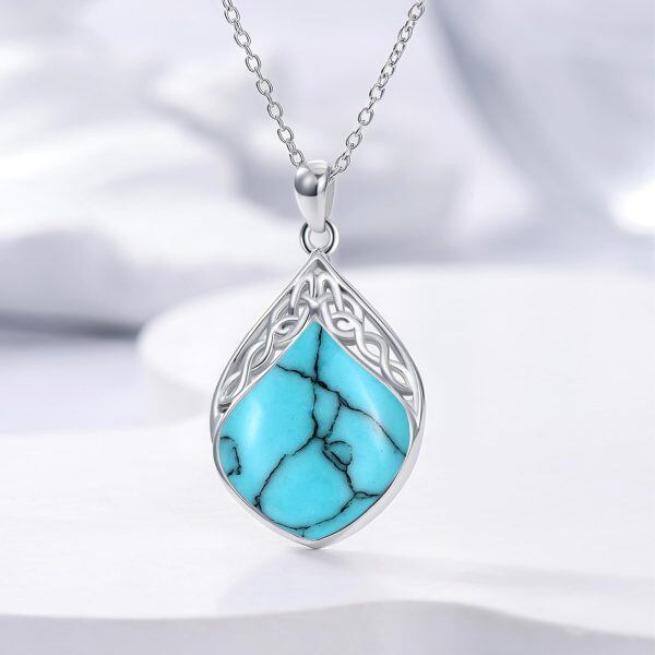 Sterling Silver Celtic Knot Turquoise Teardrop Pendant Necklace-4