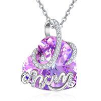 wholesale 925 Sterling Silver Purple Crystal Heart Name Pendant Necklace for Women Mothers Day Gifts- Rhodium Plated