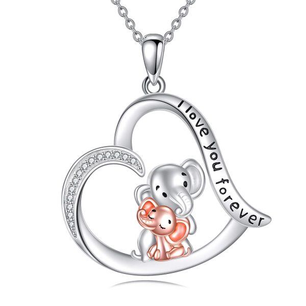 Sterling Silver Elephant Mother Child Heart Pendant Necklace-0