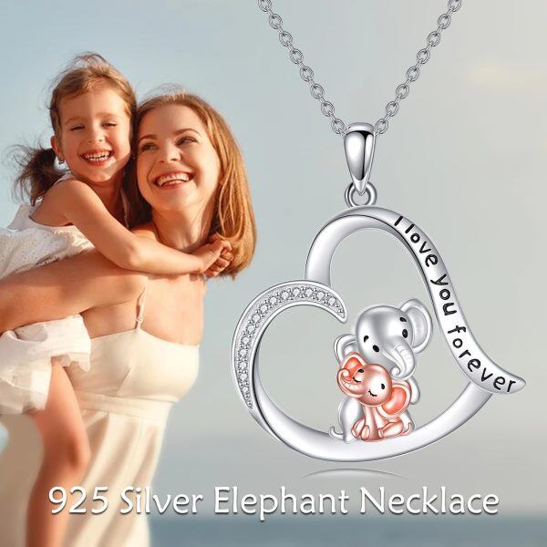 Sterling Silver Elephant Mother Child Heart Pendant Necklace-5