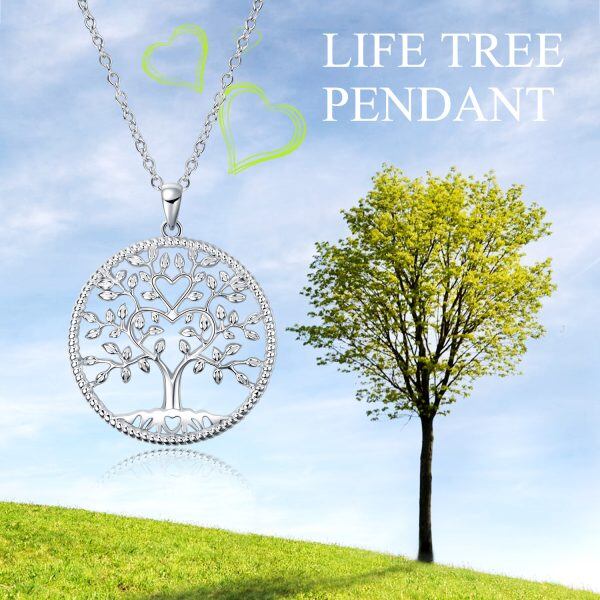 Sterling Silver Heart Tree of Life Mom Pendant Necklace-5