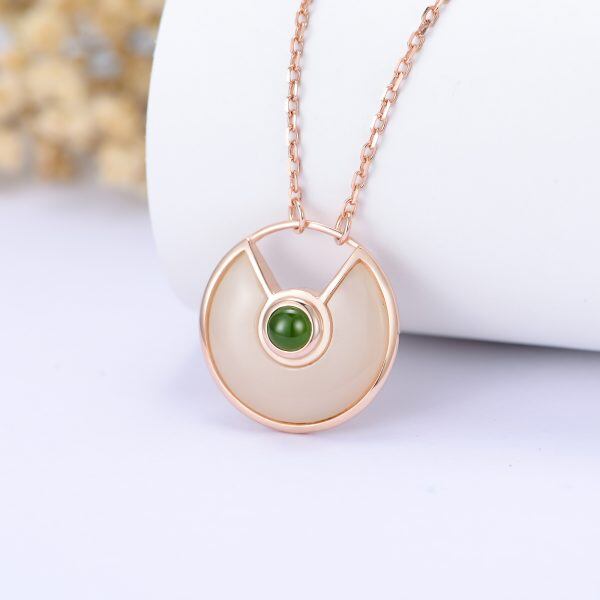 Sterling Silver with Rose Gold Plated Hetian Jade Circle Pendant Necklace-3