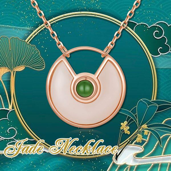 Sterling Silver with Rose Gold Plated Hetian Jade Circle Pendant Necklace-5