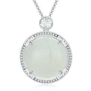 Sterling Silver Hetian Jade Circle Pendant Necklace-0