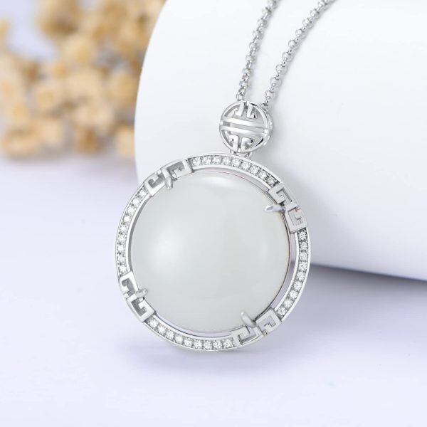 Sterling Silver Hetian Jade Circle Pendant Necklace-3