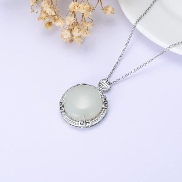 Sterling Silver Hetian Jade Circle Pendant Necklace-4