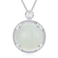 wholesale 925 Sterling Silver White Jade Round Pendant Necklace with Cubic Zirconia Gemstones for Women's Fashion s- Rhodium Plated