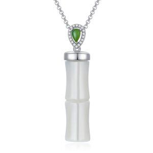 Sterling Silver Hetian Jade Bamboo Pendant Necklace-0