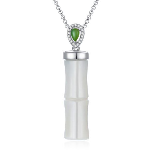 Sterling Silver Hetian Jade Bamboo Pendant Necklace-0