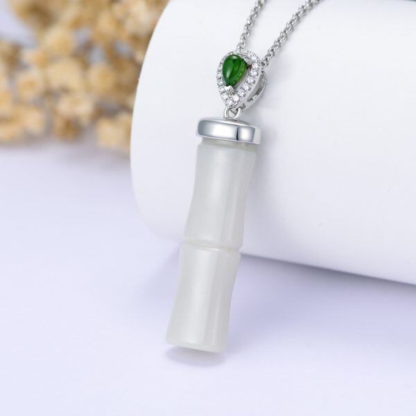 Sterling Silver Hetian Jade Bamboo Pendant Necklace-3