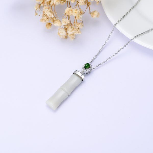 Sterling Silver Hetian Jade Bamboo Pendant Necklace-4