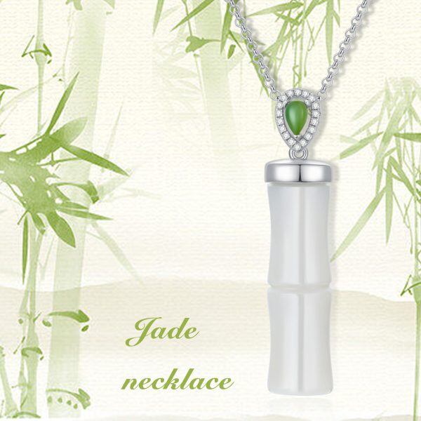 Sterling Silver Hetian Jade Bamboo Pendant Necklace-5