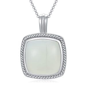 Sterling Silver Square Hetian Jade Pendant Necklace-0