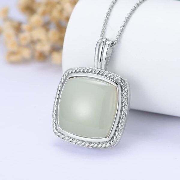 Sterling Silver Square Hetian Jade Pendant Necklace-3