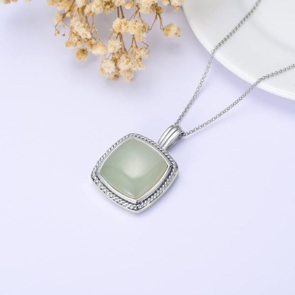 Sterling Silver Square Hetian Jade Pendant Necklace-4