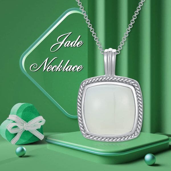 Sterling Silver Square Hetian Jade Pendant Necklace-5