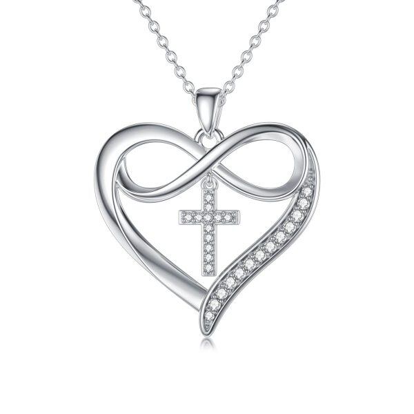 Sterling Silver Cross Heart Moissanite Pendant Necklace-0