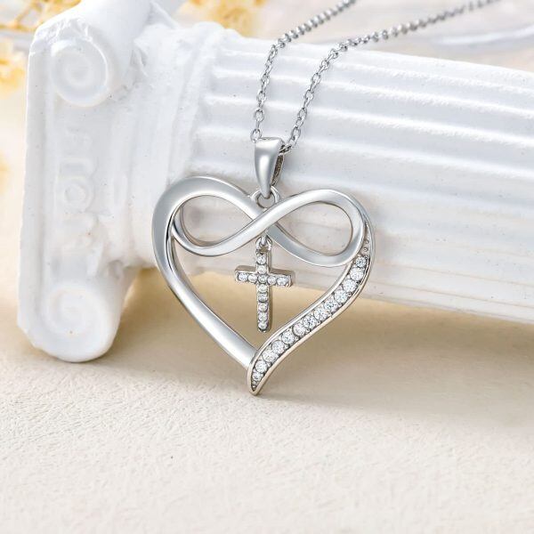 Sterling Silver Cross Heart Moissanite Pendant Necklace-3