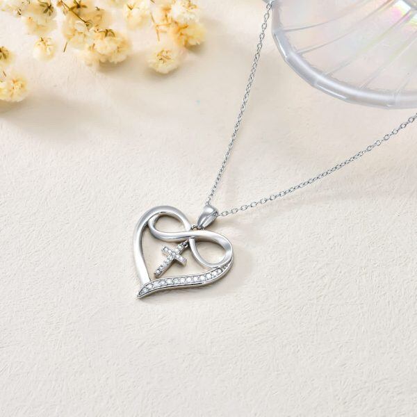 Sterling Silver Cross Heart Moissanite Pendant Necklace-4