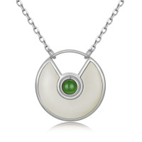 wholesale 925 Sterling Silver Green Jade Circle Pendant Necklace for Women Christmas Gift- Rhodium Plated