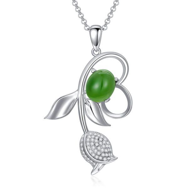 Sterling Silver Tulips Flower Pendant Necklace with Green Hetian Jade-0