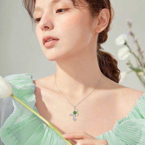 Sterling Silver Tulips Flower Pendant Necklace with Green Hetian Jade-2