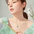 wholesale 925 Sterling Silver Natural Green Jade and Cubic Zirconia Rose Flower Pendant Necklaces for Women (18+2)-0-2
