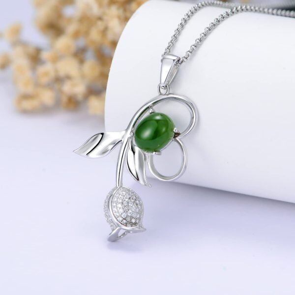 Sterling Silver Tulips Flower Pendant Necklace with Green Hetian Jade-3