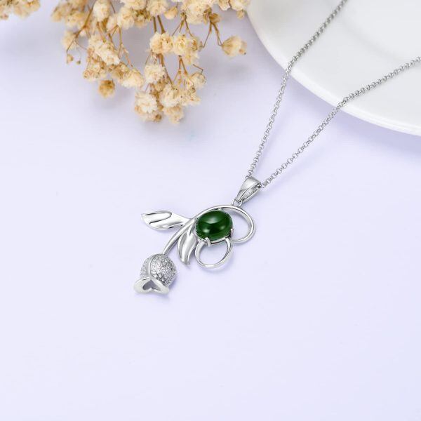 Sterling Silver Tulips Flower Pendant Necklace with Green Hetian Jade-4