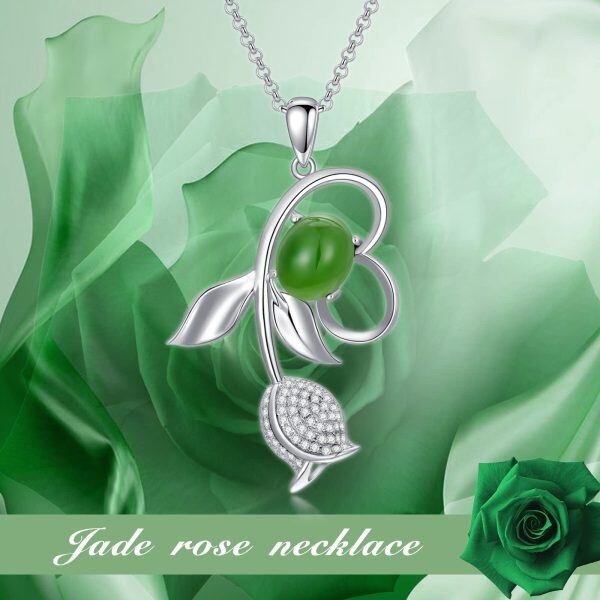 Sterling Silver Tulips Flower Pendant Necklace with Green Hetian Jade-5