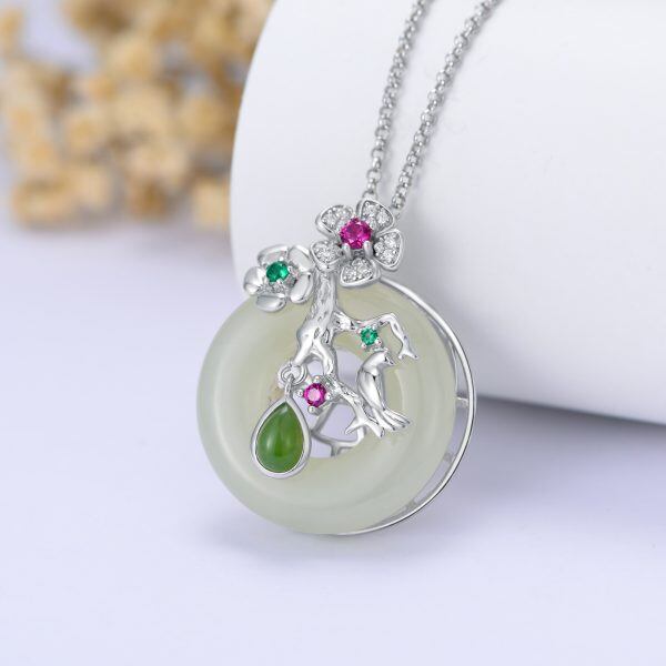 Sterling Silver Flower Hetian Jade Circle Pendant Necklace-3