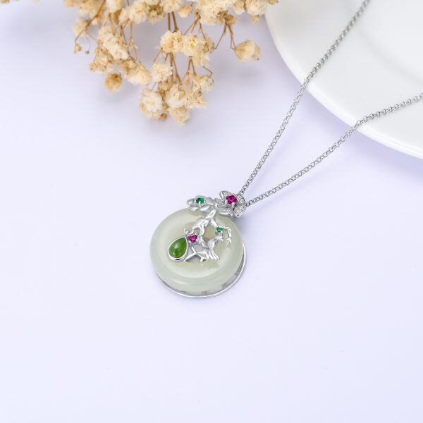 Sterling Silver Flower Hetian Jade Circle Pendant Necklace-4