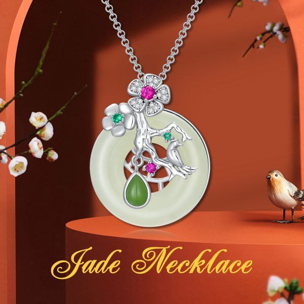 Sterling Silver Flower Hetian Jade Circle Pendant Necklace-5