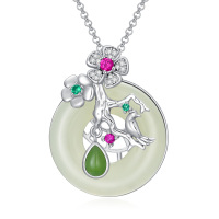 wholesale 925 Sterling Silver Green Jade Flower Bird Pendant Necklace - Mothers Day Gifts for Her- Rhodium Plated