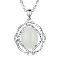 wholesale 925 Sterling Silver Natural White Jade Women's Necklace with Cubic Zirconia Accent Circle Design Pendant - Gift Boxed- Rhodium Plated