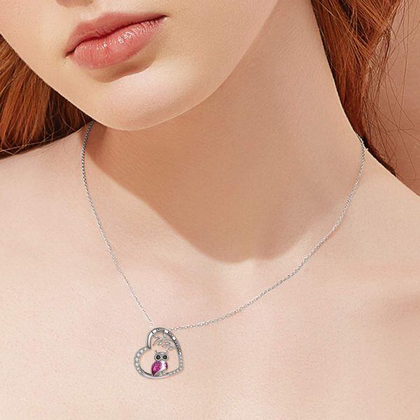 Sterling Silver Owl Heart Pendant Necklace-1