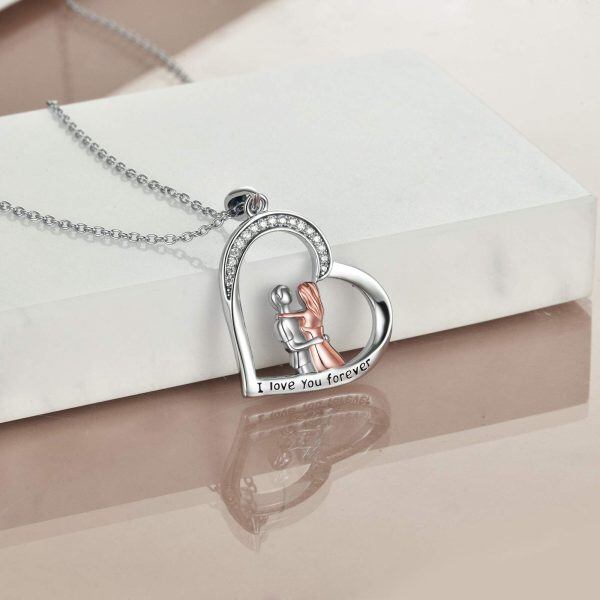 Sterling Silver Two-tone Couple Heart Pendant Necklace-2