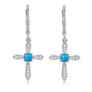 Sterling Silver Turquoise Cross Dangle Earrings-0