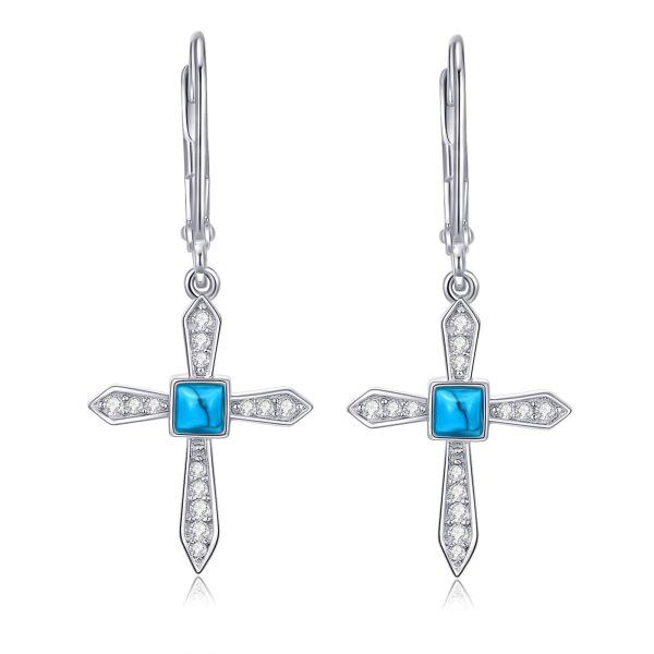 Sterling Silver Turquoise Cross Dangle Earrings-0