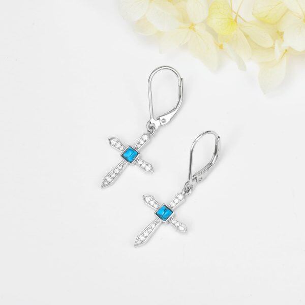 Sterling Silver Turquoise Cross Dangle Earrings-3