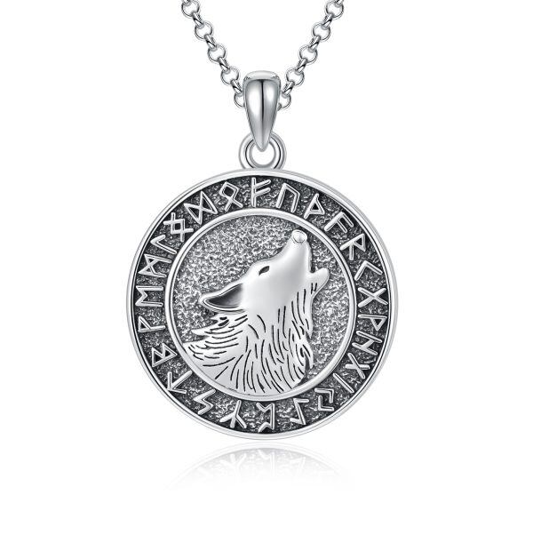 Sterling Silver Viking Runes Coin Wolf Pendant Necklace-0