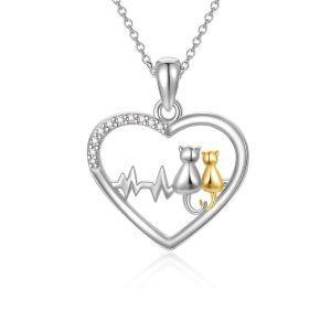 Sterling Silver 2 Cats Heartbeat Pendant Necklace-0