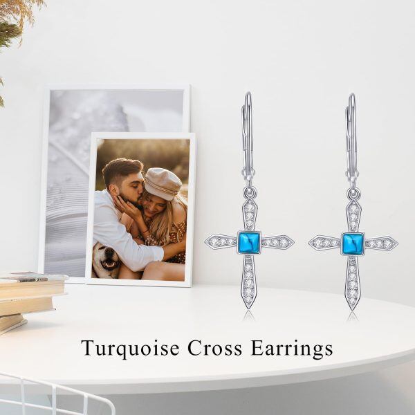 Sterling Silver Turquoise Cross Dangle Earrings-5