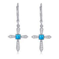 wholesale 925 Sterling Silver Cross Turquoise Drop Earrings for Women Wife Girlfriend- Rhodium Plated