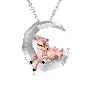 Sterling Silver Origami Moon Deer Pendant Necklace-0