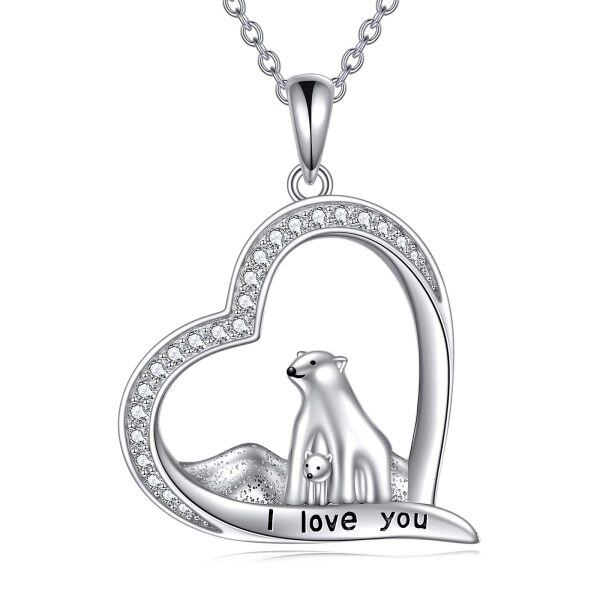 Sterling Silver Bear Mother Child Heart Pendant Necklace-0