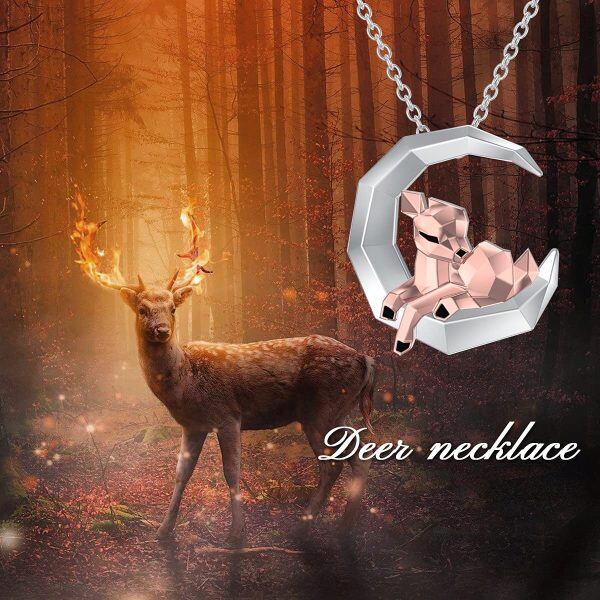 Sterling Silver Origami Moon Deer Pendant Necklace-5