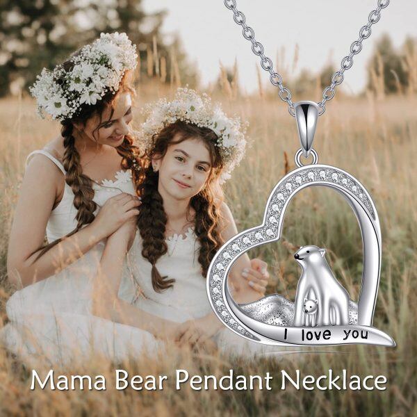 Sterling Silver Bear Mother Child Heart Pendant Necklace-5