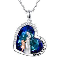 wholesale 925 Sterling Silver Blue Crystal Heart Mother Daughter Necklace Mom Pendant s for Women and Girls- Rhodium And Rose Gold Plated