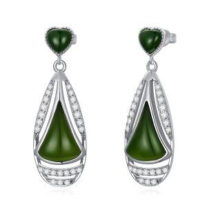 Sterling Silver Natural Teardrop Green Hetian Jade Drop Earrings-0